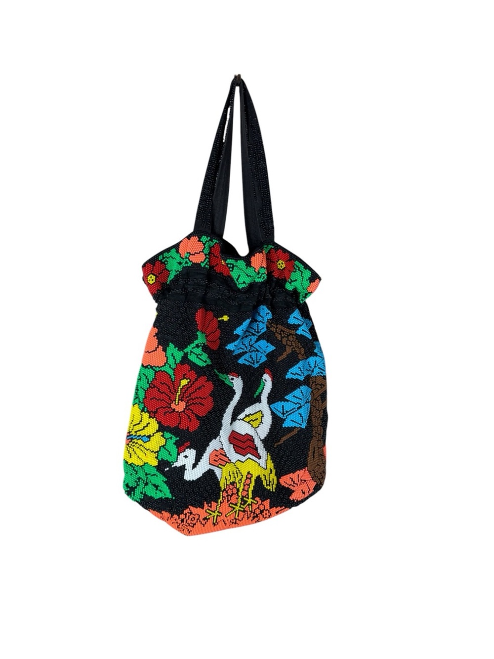 Hand-Beaded Floral & Swan Drawstring Tote Bag in Black